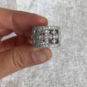 Pave CZ Silver Cross Wide Ring Sz 6.5